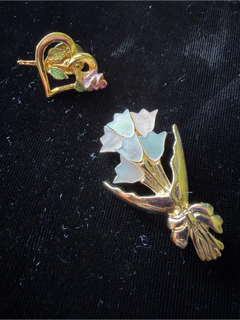 Vintage Gold Tone Flower pins - Heart Rose Tack + Mother of Pearl Tulip Brooch